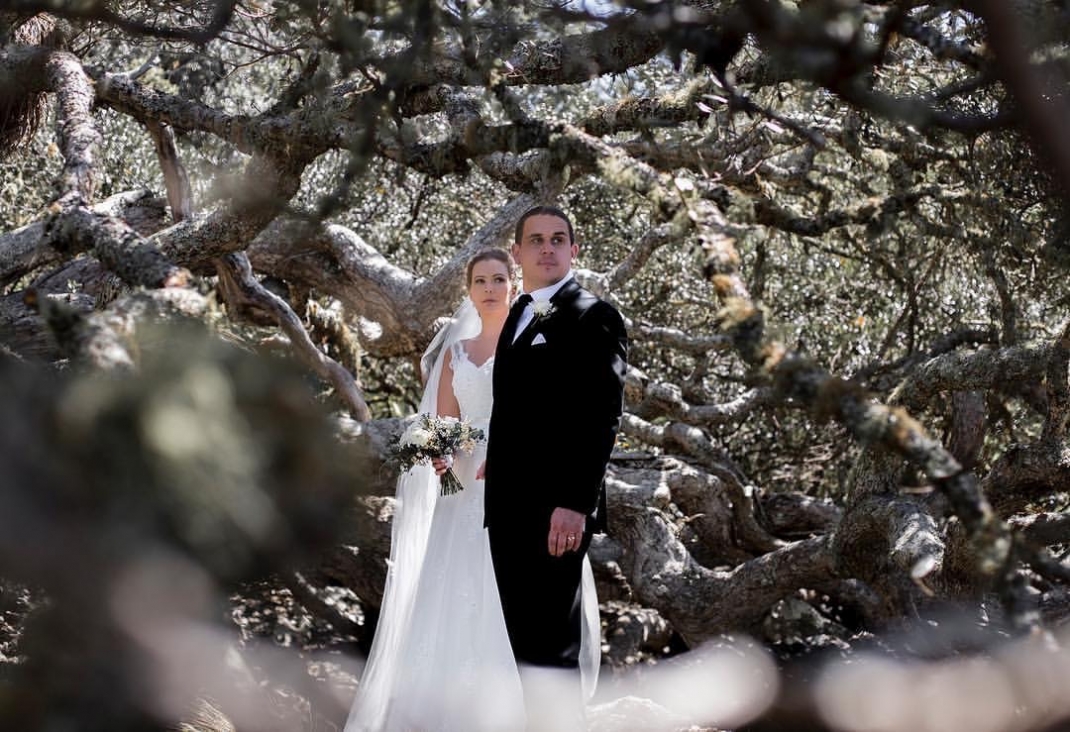 Bride and groom in the woods by the sea Paihia Bay of Islands NZ, hair Laurel Stratford