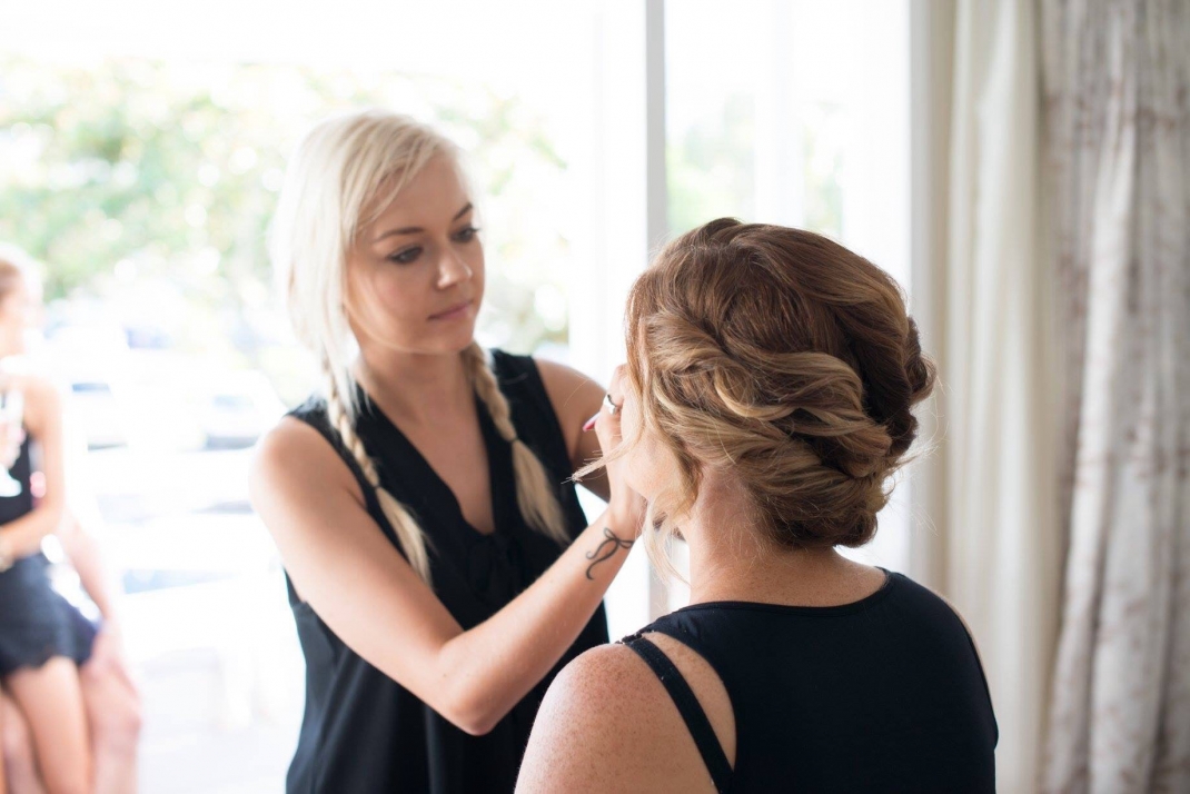 Make and back view of bridesmaids hairstyl. Hair Laurel Stratford wedding hairstylist