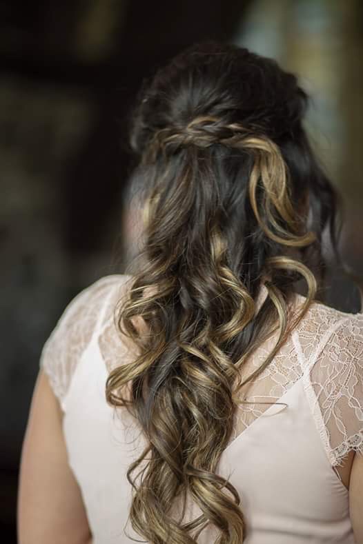 Back view of bridesmaid, long half up half down style with multi coloured brunette